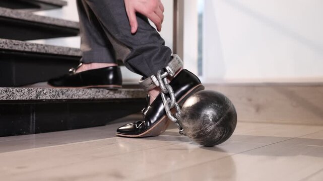 Businessman walking up stairs with metal ball and chain on his leg indoors, closeup