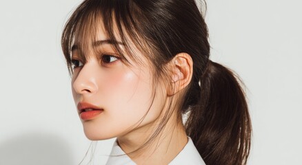 Close up portrait of young woman with dark hair and subtle makeup.