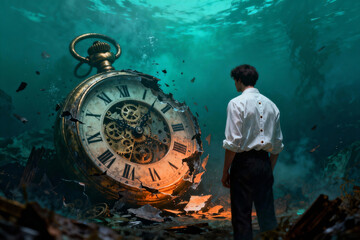 A man in a white shirt stands underwater, facing a large, broken pocketwatch partially submerged. The scene is surreal, with mechanical debris and water creating a dreamlike, mysterious atmosphere.