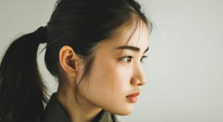 Profile portrait of young woman with dark hair in ponytail against light background.