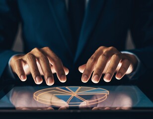 Businessman Using Digital Tablet with Financial Pie Chart Interface, Data Analytics and Business Intelligence Dashboard, Investment Analysis, Corporate Finance and Modern Technology Concept