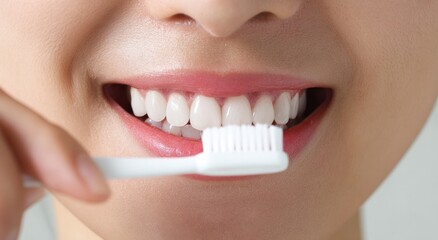Close up of person brushing teeth with a white toothbrush.