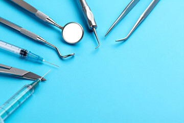 Dental Instruments on Blue Background for Medical Use