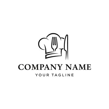 Creative chef hat logo with fork and spoon for restaurant.