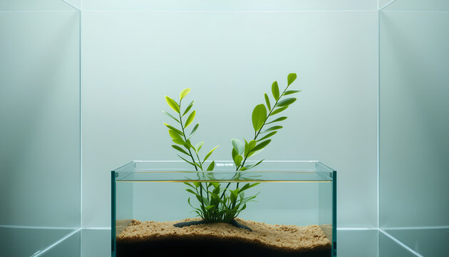 Minimal planted tank with two Vallisneria leaves swaying in open space, bare glass walls, soft ambient light, airy and peaceful visual
