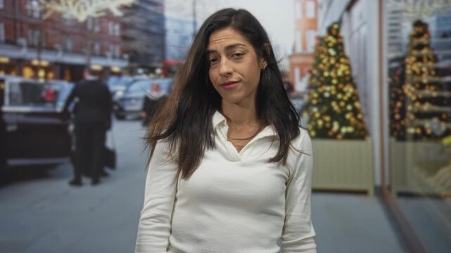 Woman with hands held in air quotes on a busy city street with christmas trees and storefronts; skepticism.