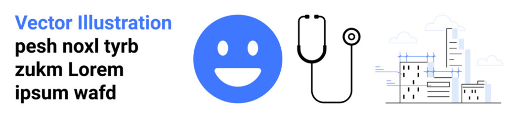 Fototapeta premium Healthcare, medicine, telemedicine, urban development, technology, digital communication. Blue happy face, stethoscope and futuristic city sketch. Healthcare and medicine concepts