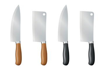 Vector 3d Chef Knife Icon Set, Top View. Stainless Steel Kitchen Knife, Isolated. Kitchen Knife with Black and Wooden Handle. Chef Knife Clipart, Design Template