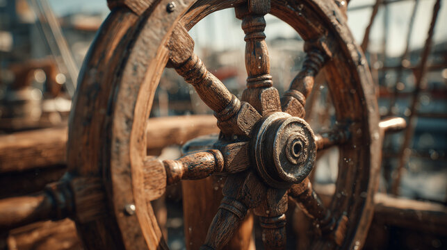 Close up of a ship steering wheel made of aged wood and metal, classic nautical helm on a boat deck symbolizing navigation, maritime adventure, and seafaring heritage.