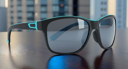 Modern futuristic sunglasses for fashion and eyewear branding, isolated on wooden table