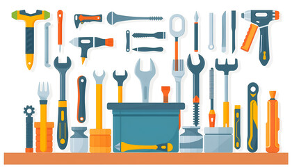 Minimalist flat design illustration of a complete workshop tool set, isolated on white background, clean vector style, bright color palette 1
