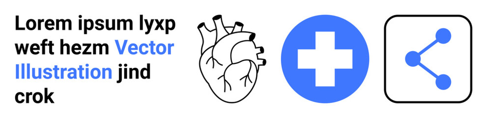 Obraz premium Healthcare, medicine, communication, cardiology, information sharing, support services. Anatomical heart, blue medical cross share icon in a clean layout. Healthcare and communication