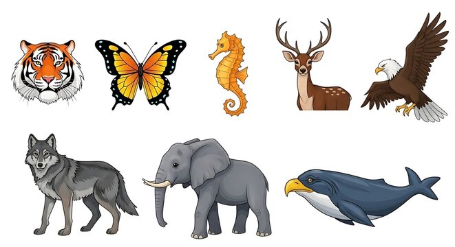 Diverse wildlife vector illustration featuring a tiger, butterfly and seahorse