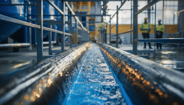 Planta tratamiento agua industrial con trabajadores seguridad fondo sistema purificaci&oacute;n tuber&iacute;as azules d&iacute;a mundial del agua concepto