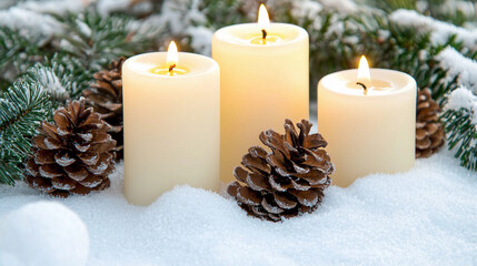 Cozy Christmas candles surrounded by pine cones on a soft, snowy backdrop Generative AI