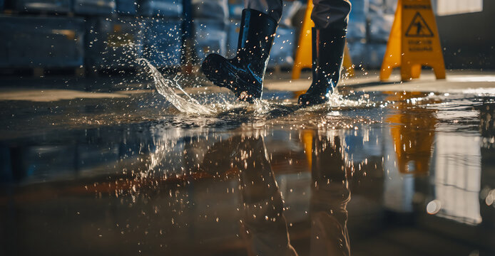 Botas seguridad industrial caminando sobre piso mojado con salpicaduras agua se&ntilde;al precauci&oacute;n amarilla prevenci&oacute;n accidentes laborales resbaladizos
