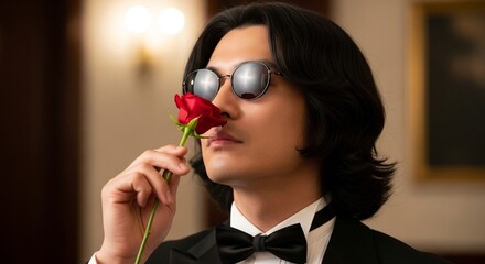 一輪の薔薇を持つナルシストな日本人男性：タキシードとサングラスのクールなクローズアップ