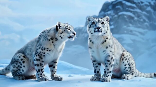 Two White Snow Leopards in Snowy Alpine Mountains