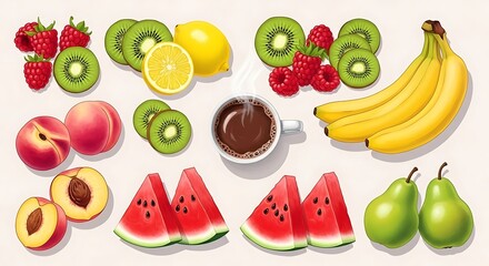 Vibrant Illustration: Colorful Fruits, Hot Coffee, and a Fresh Refreshment