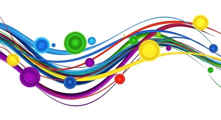 Abstract colorful flowing lines with vibrant circles on clean white
