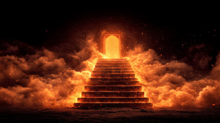 Glowing staircase made of fire leading to a blazing door to hell, dramatic dark fantasy scene symbolizing danger, punishment, and the terrifying path to the underworld.