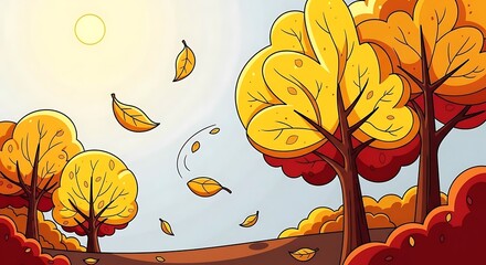 Whimsical autumn landscape illustration with golden leaves falling gently down