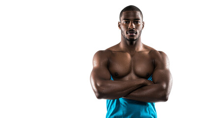 Muscular Black man with water droplets on skin flexing arms and looking at camera for fitness and wellness promotions