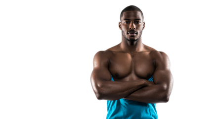 Muscular Black man with water droplets on skin flexing arms and looking at camera for fitness and wellness promotions