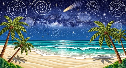 Tropical Beach at Night with Shooting Star and Whimsical Sky