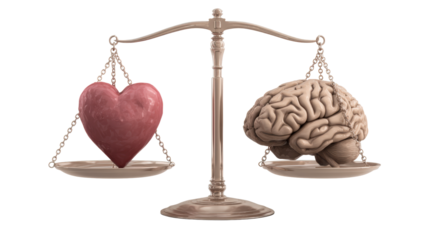 Symbolic scales balancing a human brain and a heart, representing the choice between logic and emotion for important decisions and life balance, perfect for a variety of conceptual uses.