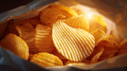 Close view inside an opened potato chips bag showing crispy golden chips with crunchy texture and seasoning, appetizing snack background and junk food concept.