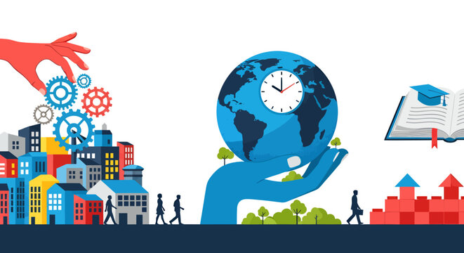 A vibrant vector illustration showcasing global business concepts, featuring hands holding a clock and globe, cityscapes, and gear elements, representing time, progress, and worldwide connections.