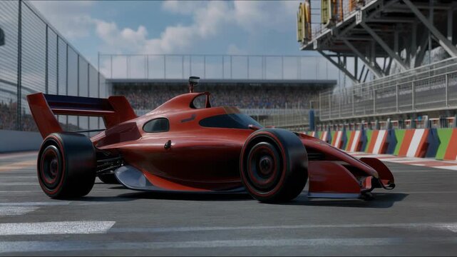 High-speed racing car on the track with pit crew in the background, adrenaline-filled motorsport event
