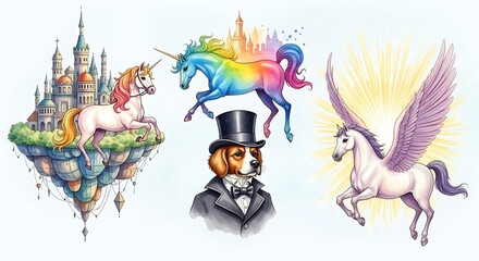 Whimsical artwork showcasing unicorns, castles, and a dignified dog