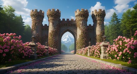 Stone castle gate covered in pink climbing roses