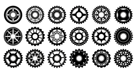 A comprehensive collection of diverse black vector gears and cogs, perfect for industrial design, engineering concepts, or technological illustrations.