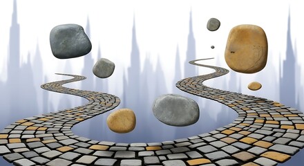 Stone Path Leads to a Distant Cityscape with Floating Rocks