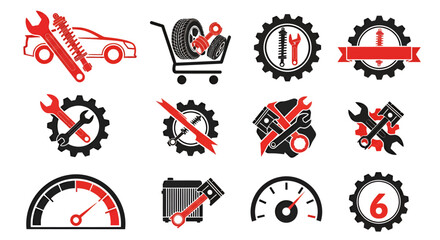 A collection of vector graphics featuring automotive repair tools, gears, and car parts, designed in a bold red and black color scheme, perfect for mechanic and auto repair shop branding.