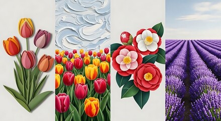 Floral Collage: Tulips, Camellias, Lavender Fields in Harmonious Composition