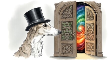 Elegant Borzoi Dog Contemplates an Open Doorway to the Cosmos