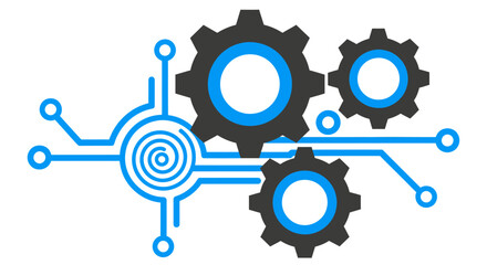 Obraz premium A modern vector illustration displays three interconnected mechanical gears integrated with a futuristic digital circuit board, symbolizing technological innovation.