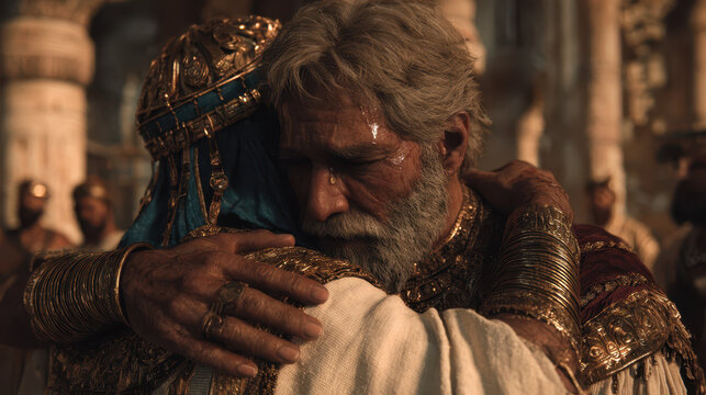 Emotional reunion of Joseph and his father Jacob in Egypt, Biblical scene of embrace and tears of joy from Genesis 46
