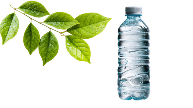 Refreshing pure water bottle with water drops and fresh green leaves, symbolizing health and nature for beverage advertising and wellness promotion - Powered by Adobe