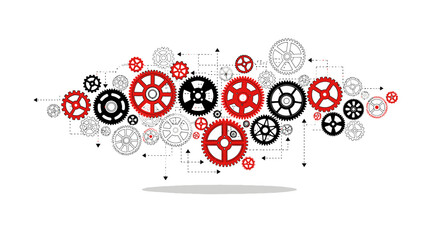 Obraz premium An abstract vector illustration featuring a dynamic arrangement of interconnected gears in red, black, and white, creating a visually engaging design element.