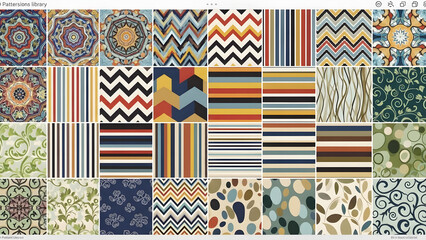 A vibrant and diverse collection of seamless digital patterns, featuring an array of geometric, abstract, and organic designs perfect for creative projects and backgrounds