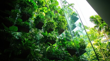 Lush greenery cascading down a glass building facade.