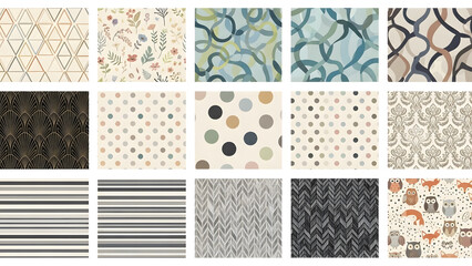 A vibrant collection of modern patterned backgrounds, showcasing seamless designs with geometric shapes, organic forms, polka dots, and stripes, ideal for contemporary digital and print projects