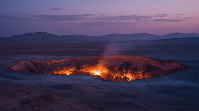 Vast desert landscape at dusk featuring a massive burning gas crater known as the Gates of Hell, glowing intensely against the darkening sky in a remote arid wilderness.