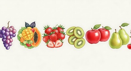 Assorted fruits watercolor illustration creating vibrant, healthy composition