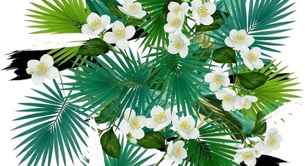 Tropical flowers and leaves with artistic brush stroke accents overlay